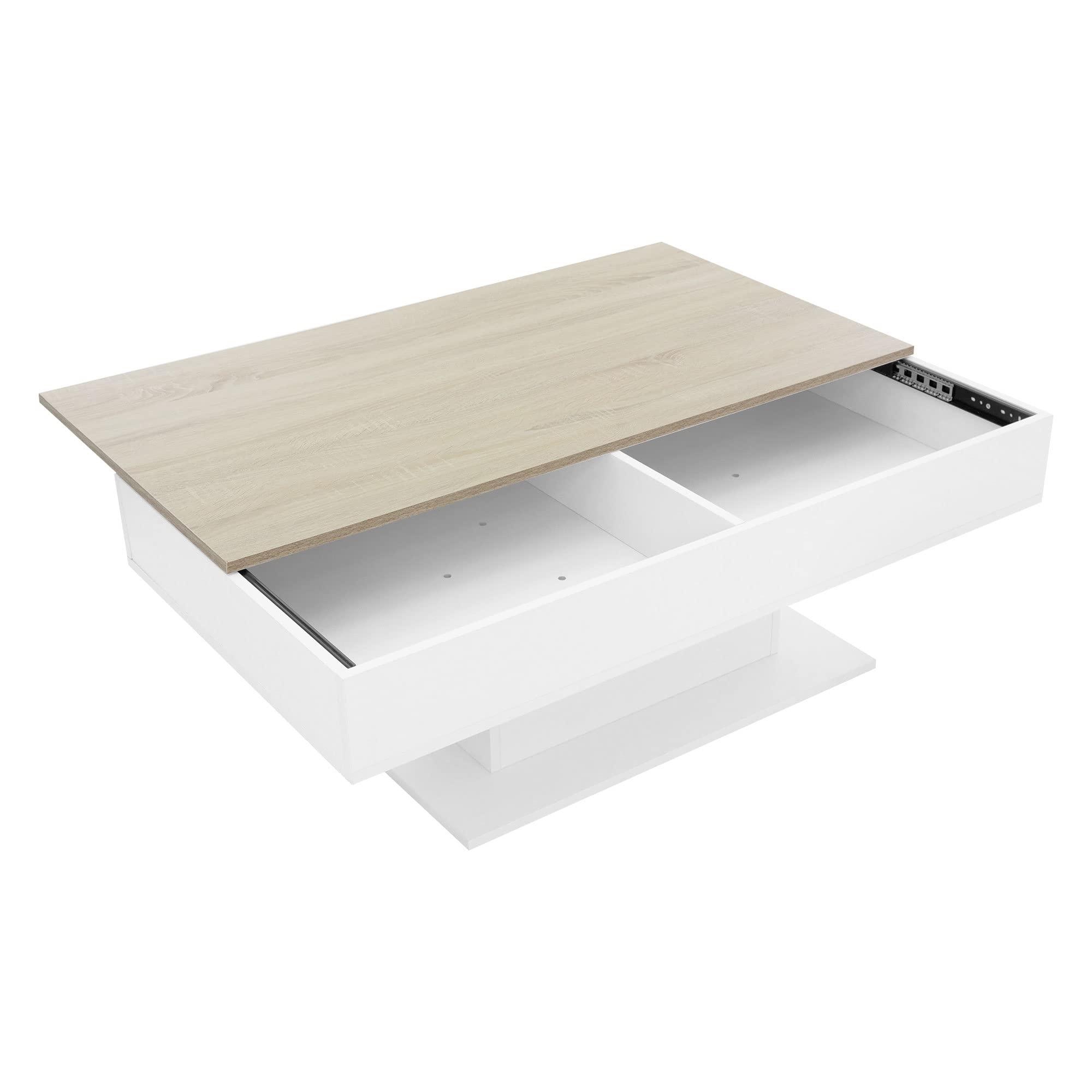 ML-Design Tavolino da Salotto con 2 Scomparti Sotto il Piano Scorrevole Legno MDF Bianco/Aspetto di Legno Quercia 110 x 60 x 40 cm Tavolo da Caffè per Soggiorno con Spazio di Archiviazione