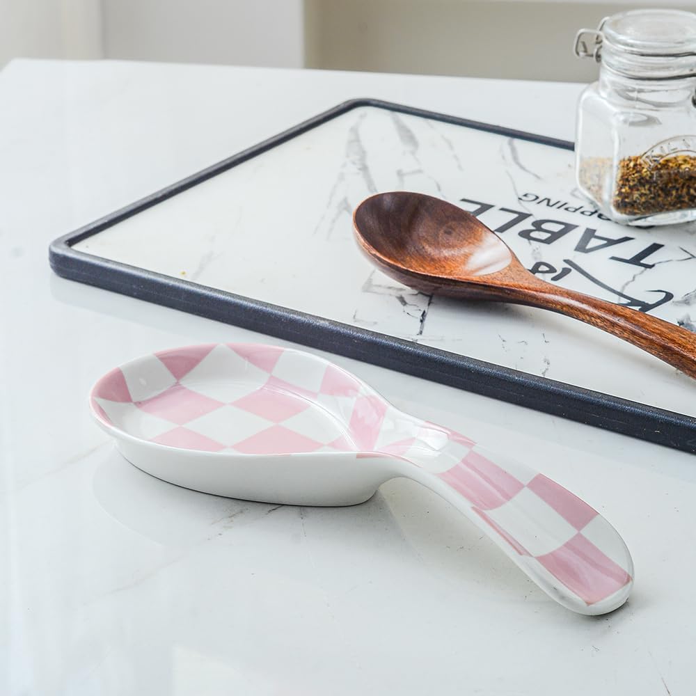 Ceramic Spoon Rest for Stove Top, Checkered Spoon Holder Utensil Rest, Cute Spoon Rests for Coffee Bar Kitchen Decor Cooking Gift for Housewarming (Pink)