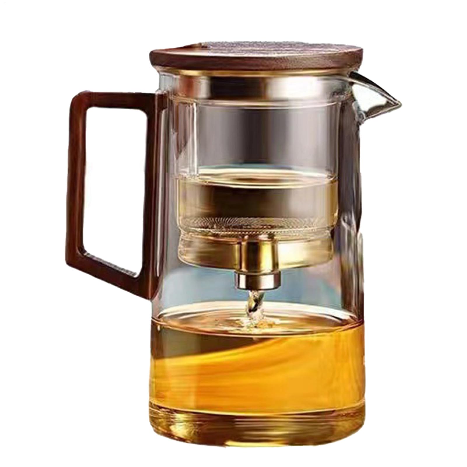 Teiera in con manico - teiera con filtro separazione acqua | Trasparente a un tocco con manico in legno | lavabile in lavastoviglie per tè verde, caffè, erbe aromatiche, boschi