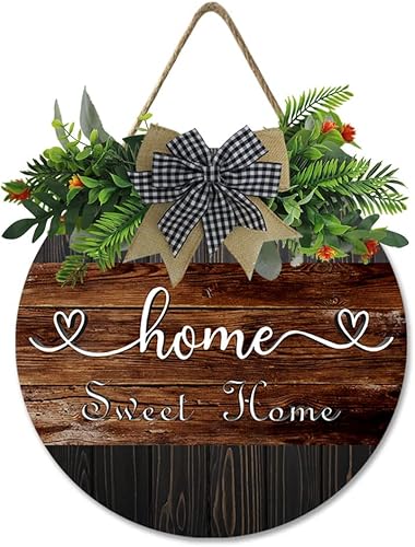 Lefangovs Home Sweet Home - Decoración de puerta delantera con hojas de flores artificiales, letrero de bienvenida para decoración de puerta