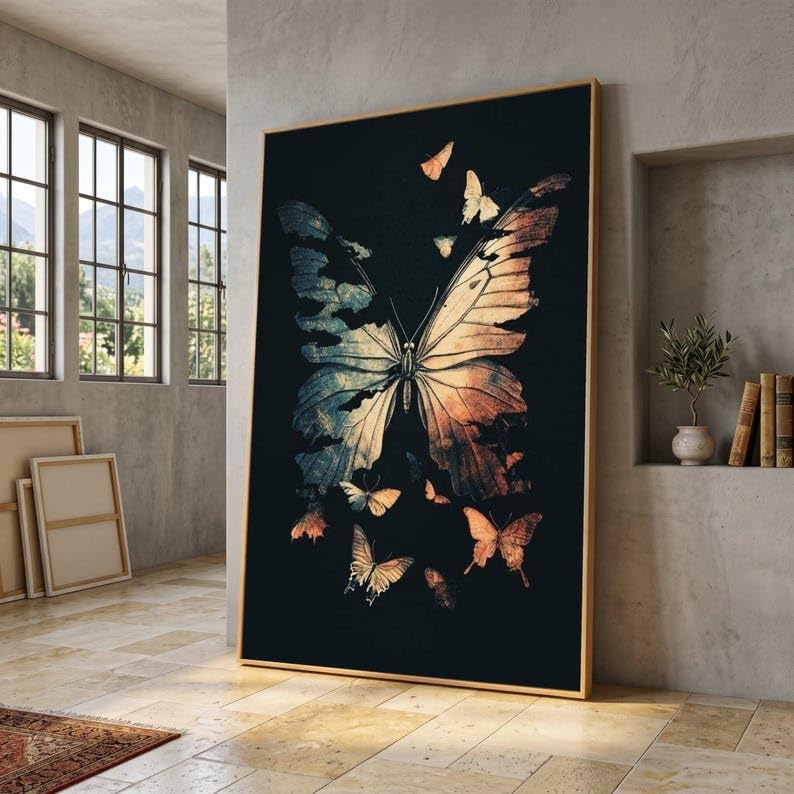Láminas de decoración de pared con silueta de mariposa vintage sobre lienzo de 20x30cm