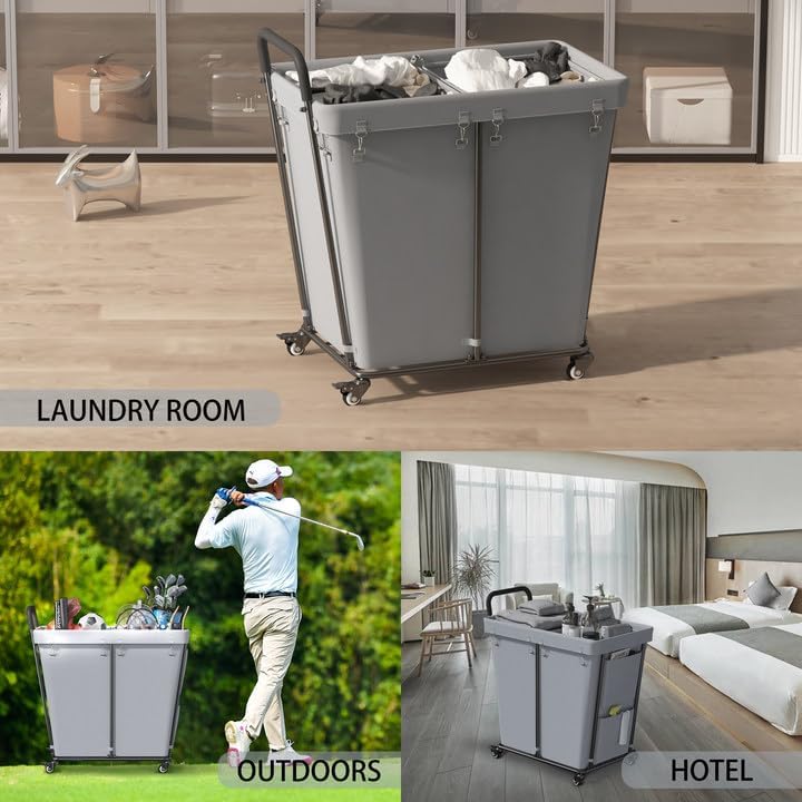 Miniatura 6 de Laundry Cart with Lockable Wheels 2 Section, 240L Large Capacity Commercial Laundry Sorter Rolling Laundry Cart with Sturdy Steel Frame and