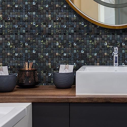 HomeyMosaic Peel and Stick Backsplash Tile Stick on Kitchen Bathroom Fireplace Plaid Glass in Starry Sky Black,5-Sheet
