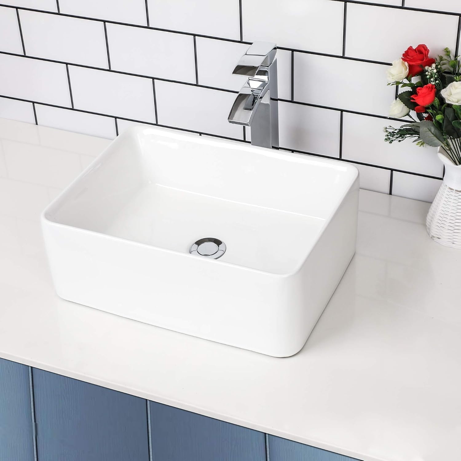 Kichae Rectangular Vessel Sink - 18" x 13" Modern Bathroom Vessel Sink White Porcelain Ceramic Rectangle Above Counter Vessel Vanity Sink Art Basin