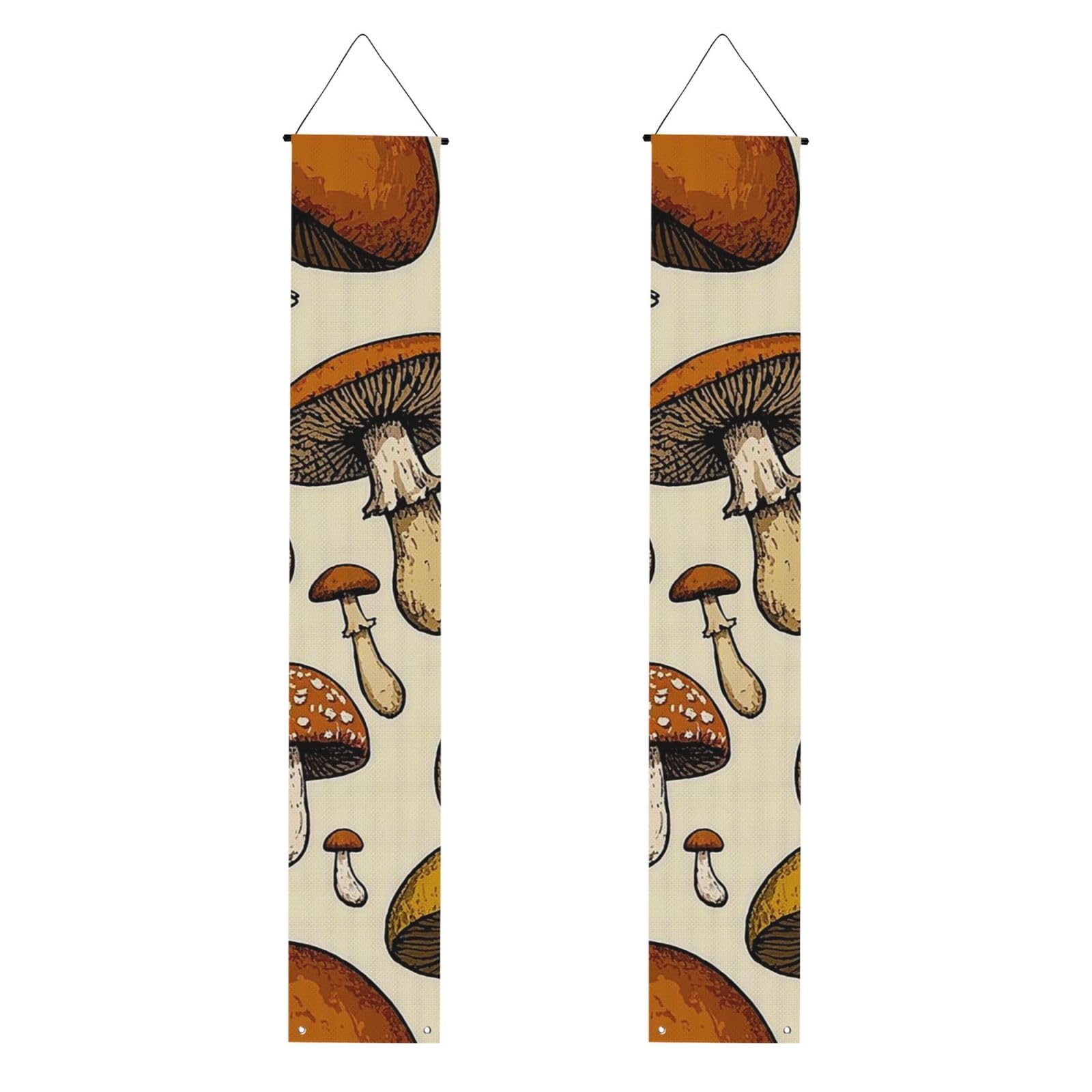 Funny Mushrooms Porch Banner 2PCS, Summer Hanging Flag Party Porch Sign Front Door Hanging Decorations for Indoor Outdoor Holiday Yard Decor Wall Backdrop 71 x 12 Inch