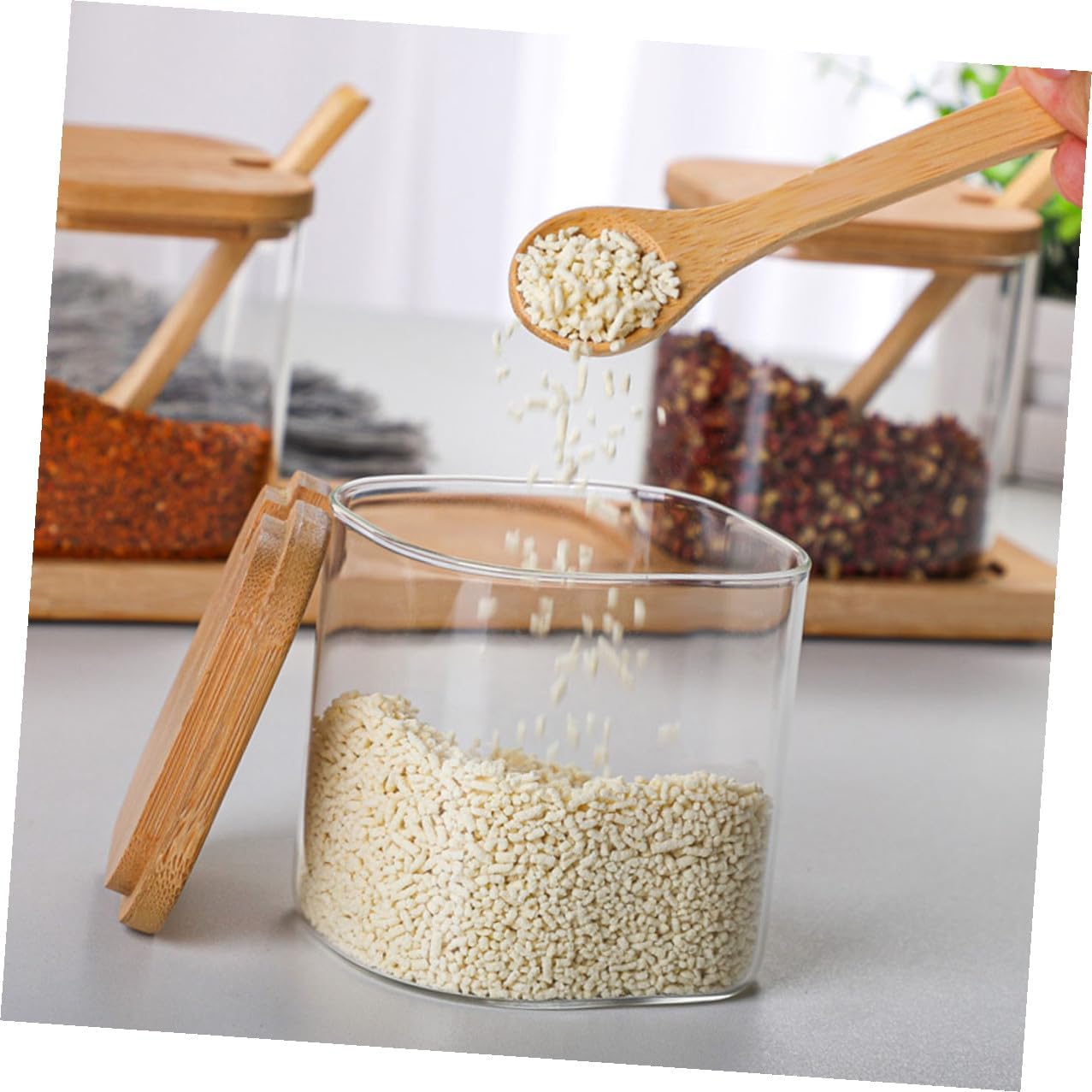 Glass Condiment Pot 350ml with Wooden Lid and Spoon