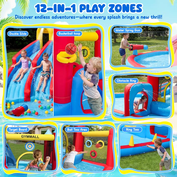 9 en 1 Structure gonflable Enfant avec Souffleur, Parc Aquatique Gonflable avec Trampoline, Toboggan, Mur d'escalade, Piscine, pour 3-10 Ans | Leroy Merlin