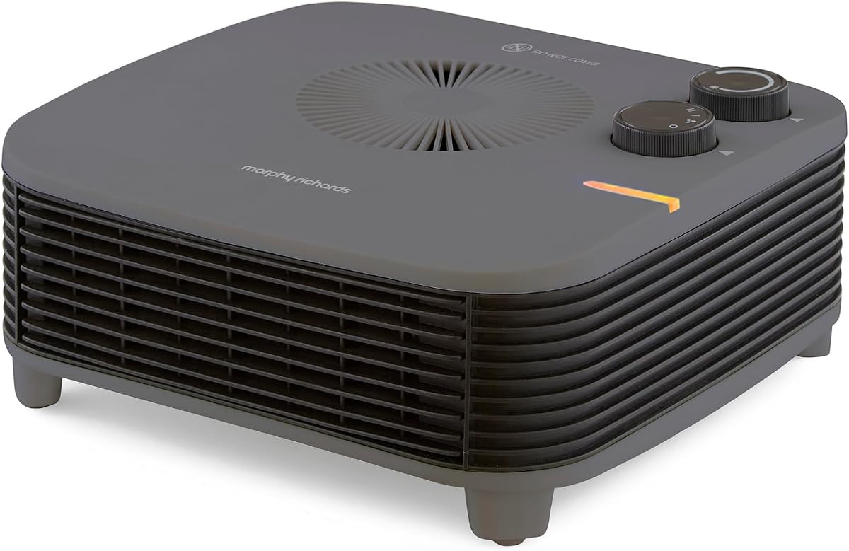 Morphy Richards HeatFlux 2kw Flat Fan Heater, 20m2, Adjustable Thermostat, Lightweight, Compact, Portable, Low Noise, Wide Angle Heat Output, Overheat Protection, Grey, 825101