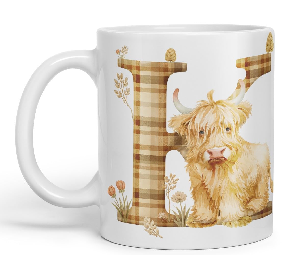 Vixar Highland Cow Alphabet Monogram Coloured Ceramic Cup Mug – Letter K – Rustic Farmhouse Animal Letter Gift – 11oz (White)