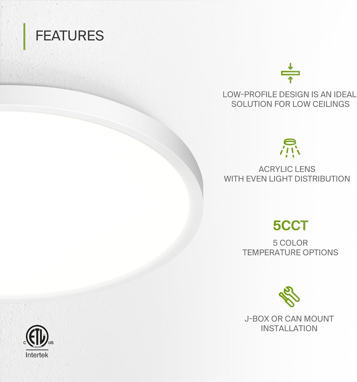 ASD LED 12" Round Flush Mount Ceiling Light Fixture, Low Profile Surface Lighting | 5CCT, Dimmable, Ultra-Thin, ETL Listed | 24W 1900LM 2700-6000K 120V | Kitchen, Bedroom, Hallway Lamp | White