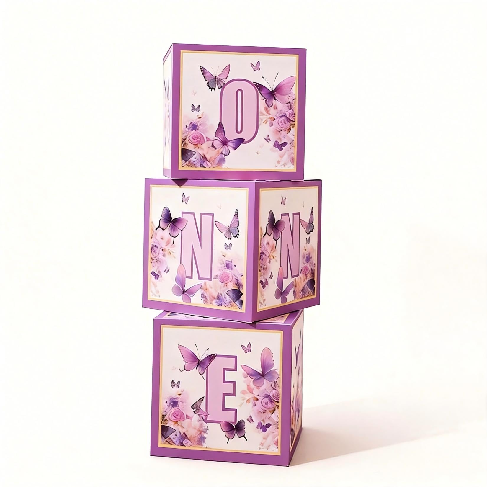 1st Birthday Decorations Boxes for Baby Girl, 3PCS White First Birthday Boxes, One Year Old Happy Birth Party Theme Cardboard Box for Cake Smash Photo Props (ONE-Butterfly)