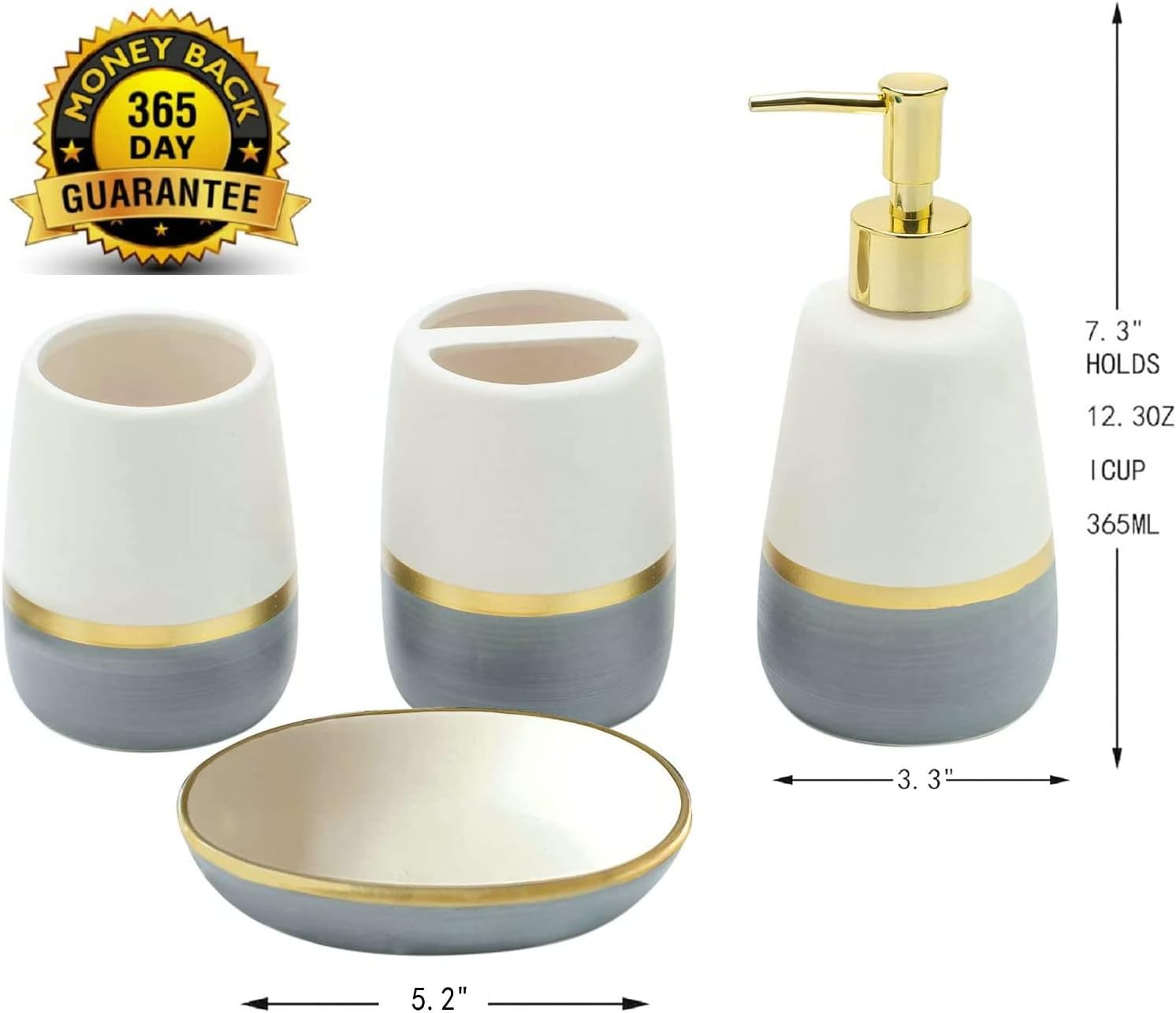 Grey Gold Bathroom accesory Set 4pc,Ceramic Bathroom Accessories Set Gray Bathroom Decor countertop Organize Include Toothbrush Holder soap Dispenser soap Dish Tumbler Cup Best Gift for Bath Storage