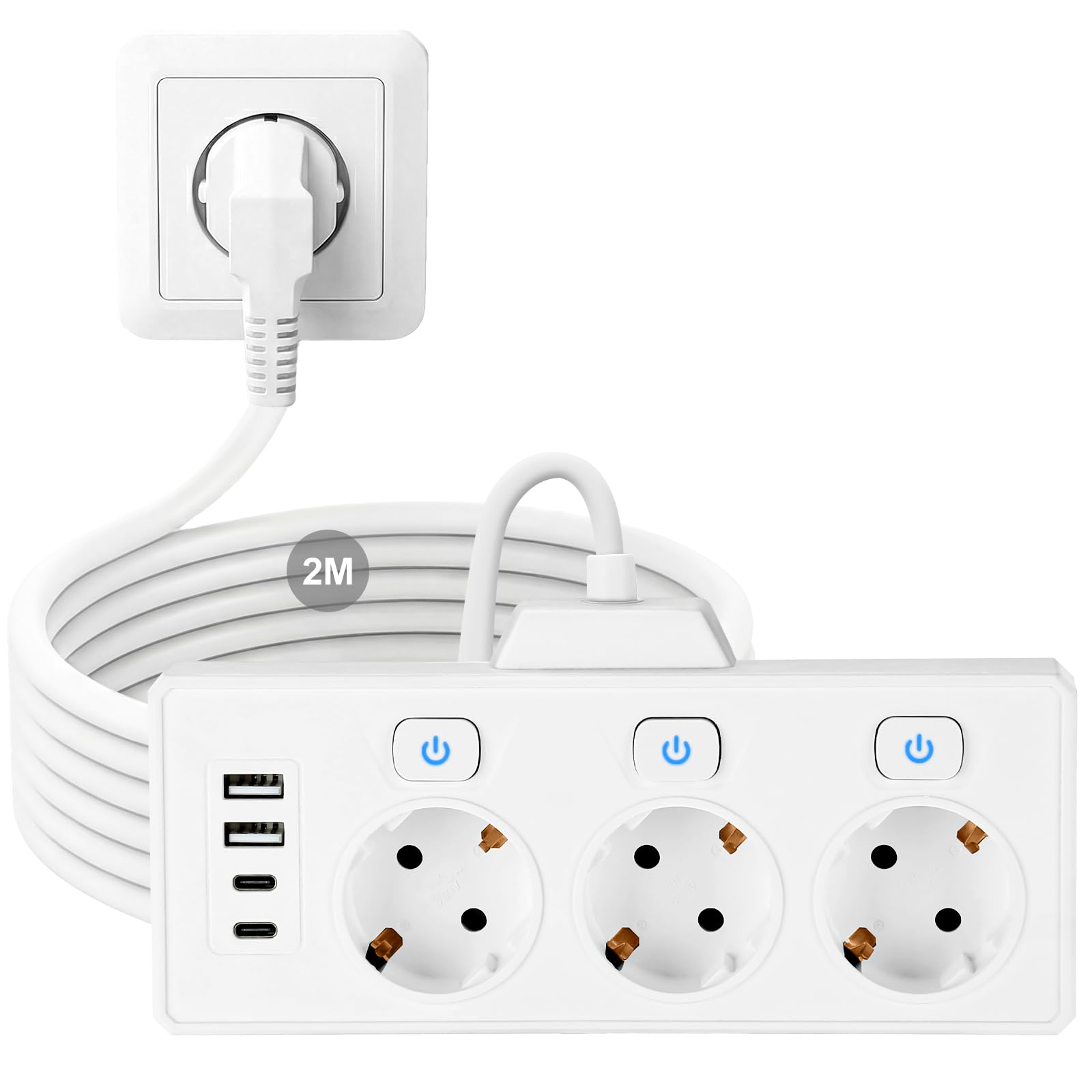 Steckdosenleiste mit USB, Mehrfachsteckdose mit 3 Schuko & 2 USB A & 2 USB C, Steckdosenleiste Einzeln Schaltbar mit 2M Kabel, Steckdosenadapter für Büro Hause