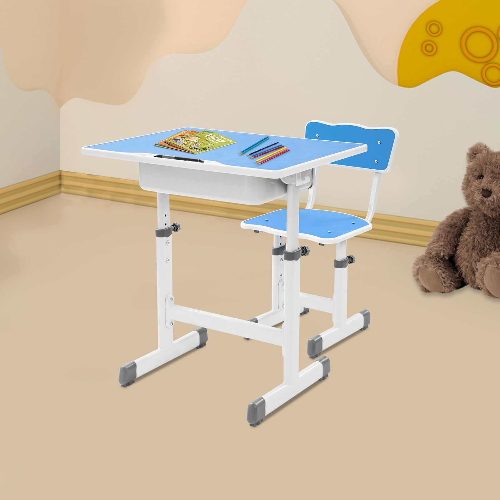 Scrivania per bambini e ragazze, regolabile in altezza, set da scrivania e sedia, scrivania per bambini, scrivania per ragazzi e ragazze, portata 300 kg (blu)