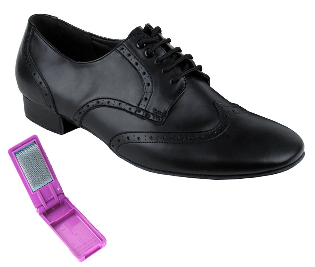 Very Fine Dance Shoes - Mens Standard, Smooth, Waltz Ballroom Dance Shoes - PP301-1-inch Heel and Foldable Brush Bundle - Black Leather - 10.5