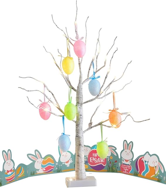 Eambrite Easter Egg Tree with Lights Timer Battery Operated White Twig Tree with Easter Decorations Decor for Home and Party (60cm/2ft)