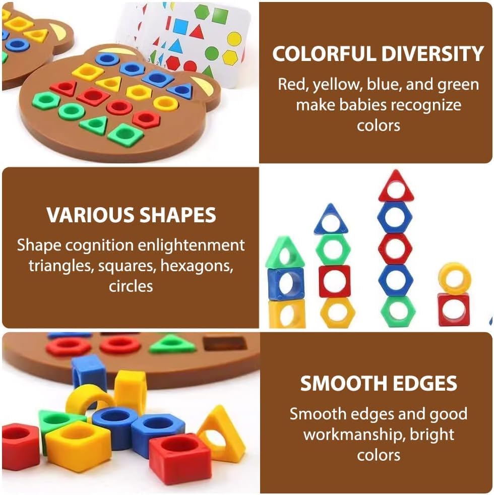 Image of WISHKEY Geometric Shape Matching Board Game for Kids 3-5 Years with Bell - Color Sorting, Shape Recognition Puzzle, Brain Development Educational Toy with 30 Cards & 32 Blocks for Preschool Learning