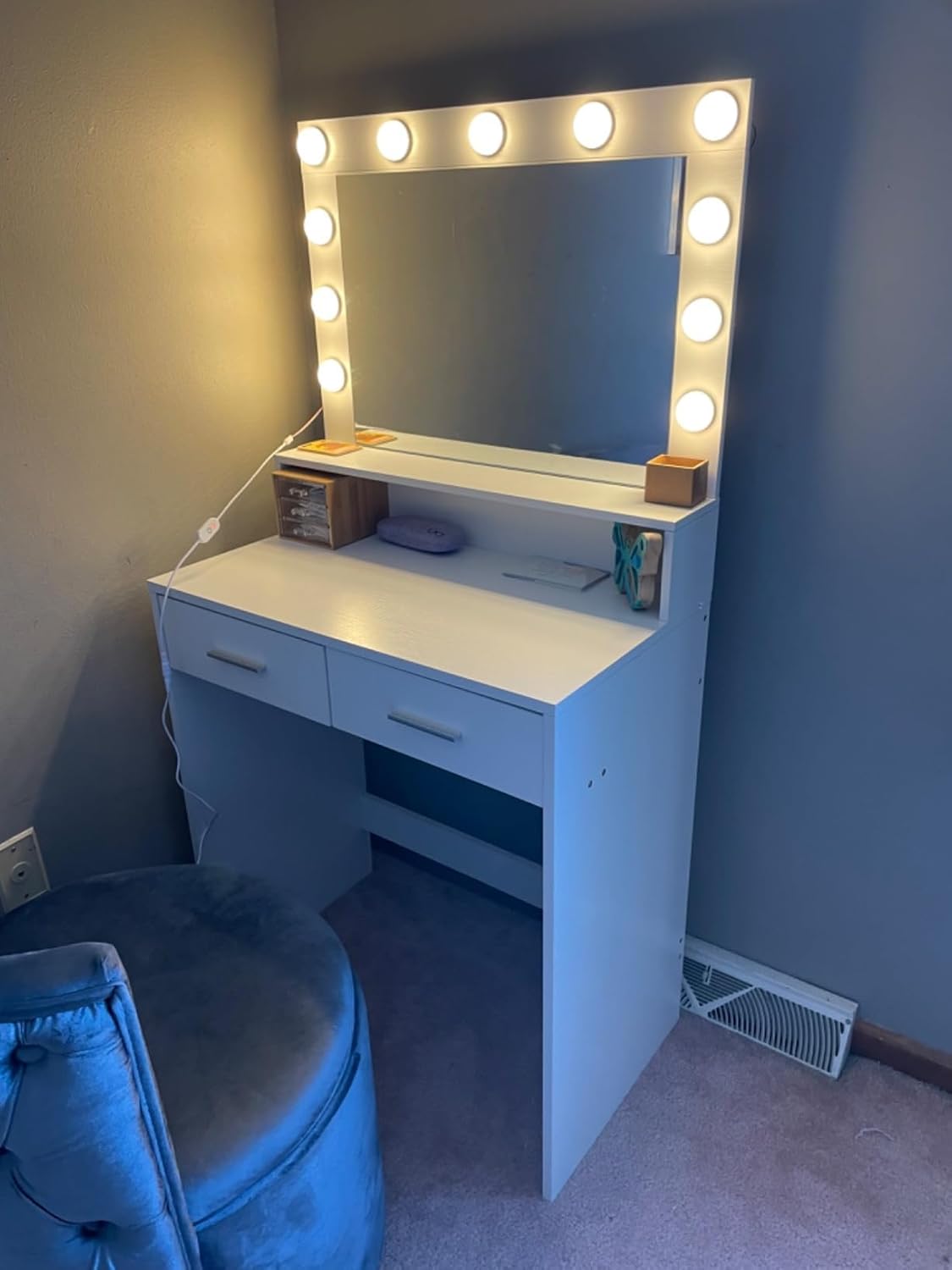 Vanity Desk with Mirror and Lights, Large Drawer for Storage, Adjustable Brightness, White