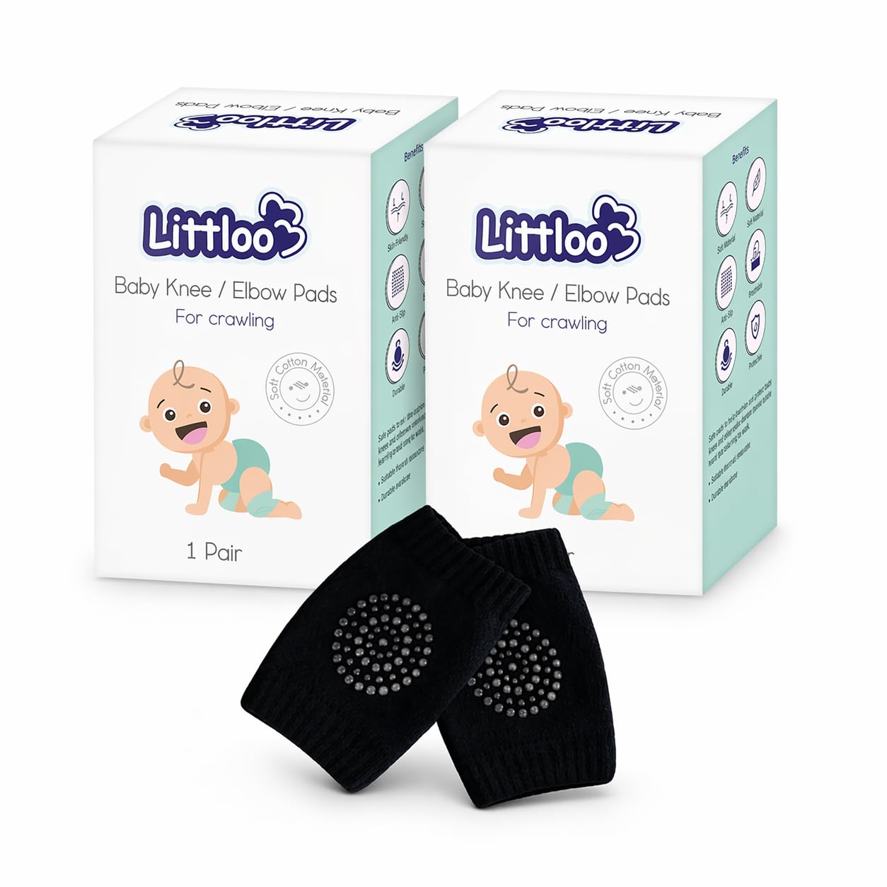 LITTLOO Baby Knee Socks & Crawling Socks (Pack of 2) Anti-Slip Knee & Elbow Protector Pads, Soft Cotton Elastic for Cushion & Knee Protection (Black)