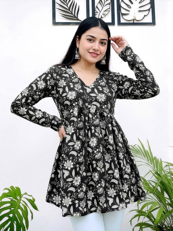 Image of Dream Beauty Fashion Women's Printed Tunic Top /Short Kurti with Long Sleeve V-Neck -23 inch Inches (Tunic-Top)