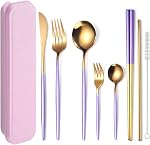 AARAINBOW 8 Pieces Stainless Steel Flatware Set Portable Reusable Cutlery Set Travel Utensils Set Including Chopsticks Knife Fork Spoon Straws Cleaning Brush Dishwasher Safe (Green Golden)