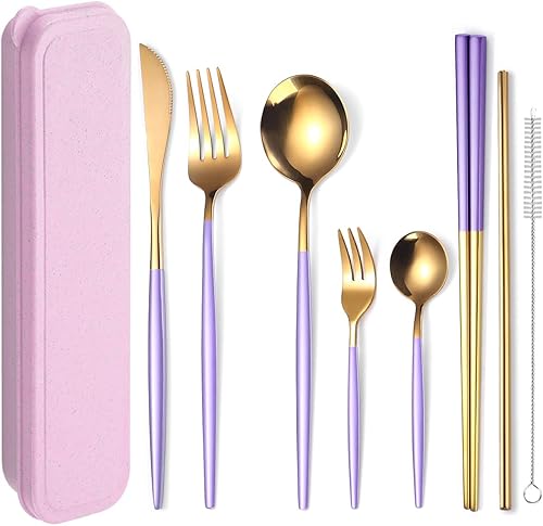 Miniatura 25 de AARainbow Juego de cubiertos de acero inoxidable de 8 piezas, portátil, reutilizable, juego de utensilios de viaje, incluye palillos, cuchillo