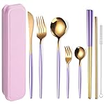 AARAINBOW 8 Pieces Stainless Steel Flatware Set Portable Reusable Cutlery Set Travel Utensils Set Including Chopsticks Knife Fork Spoon Straws Cleaning Brush Dishwasher Safe (Purple Golden)