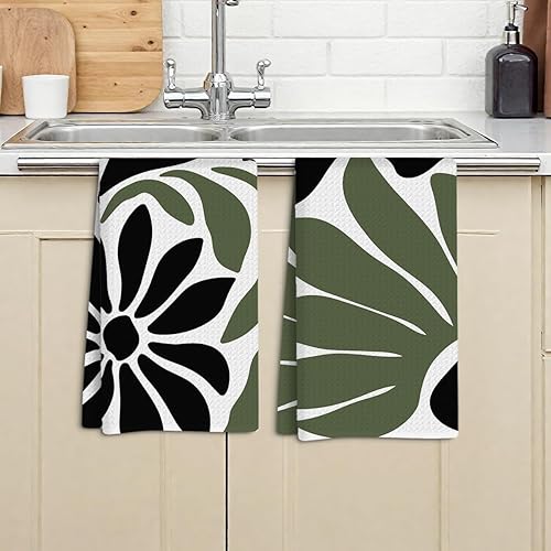 Miniatura 4 de Juego de 2 toallas de cocina estilo retro de los años 70, diseño floral bohemio para cocina, baño, hogar, decoración de baño verde salvia bohemio