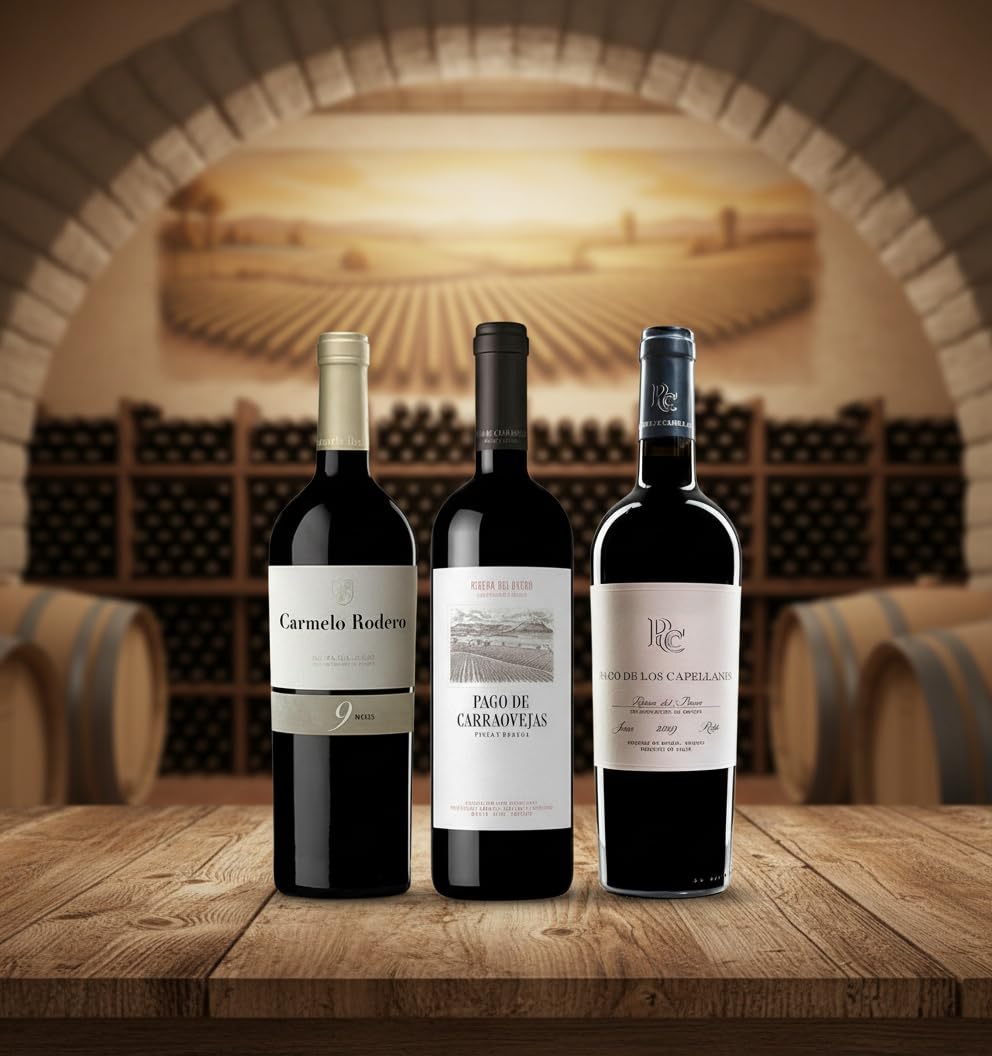 Pack Vinos Ribera del Duero - Envio 24h - Vinos Regalo - 3 x Botella 75 cl - Carmelo Rodero 9 Meses, Pago de Carraovejas, Pago de los Capellanes Roble - Mejor Seleccion ENOVINOS THE WINE BRAND