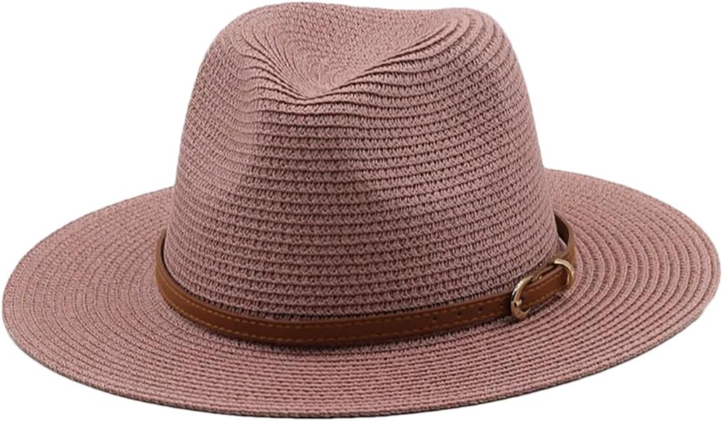 Women's Solid Color Straw Hat with Brown Waistband Wide Brim Unisex Beach Hat Outdoor Jazz Hat
