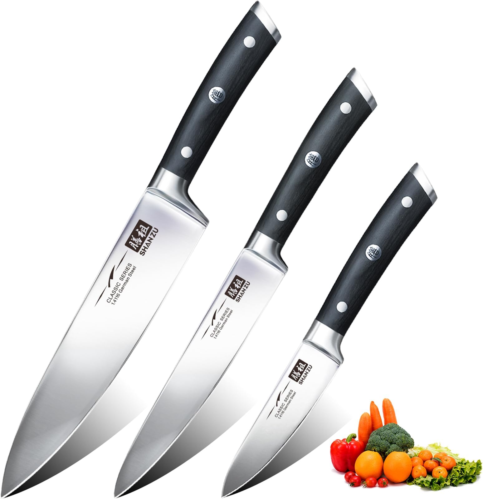 SHAN ZU Kitchen Knives Sets 3pcs with German Stainless Steel Professional Japanese Knives Set, Ultra Sharp Chef Knife Set Including Chef's Knife 20cm Kitchen Knife 15cm Paring Knife 9.5cm