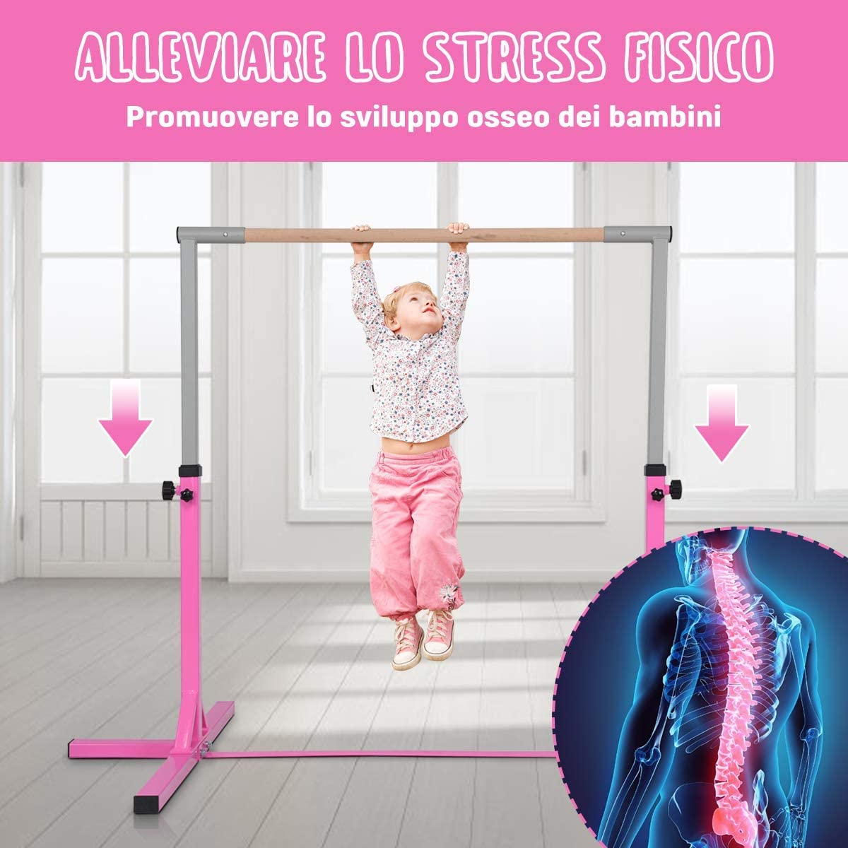 GYMAX Sbarra da Ginnastica Artistica in Legno Massello e Acciaio, Sbarra da Danza Classica per Casa Regolabile in Altezza tra 91 e 150 cm, con Portata di 100 kg, 200 x 121 x 91/150 cm