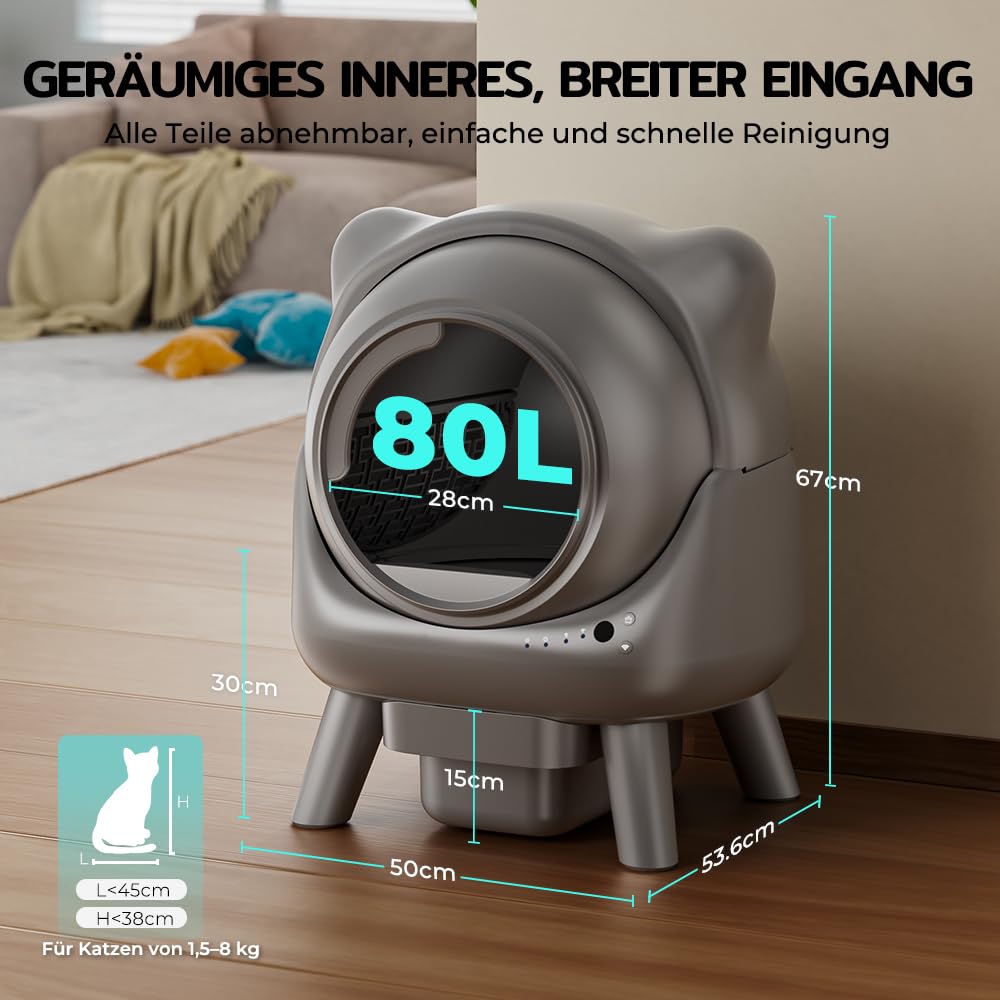 Cura X1 Litiere Chat Autonettoyante, 80+8L Litière Autonettoyante, Capteurs de Sécurité, Élimination des Odeurs, Commande App, Grande Capacité, Litière Automatique pour Plusieurs Chats