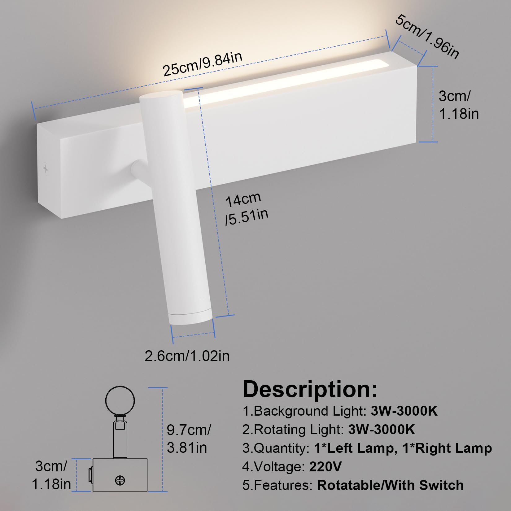 Klighten 2X Led Applique da parete Interno, 3000K Luce da parete Con 2 interruttore, 3W+3W Lampada da Parete 2 Flames, Faretto Rotondo 330°/60°Orientabile, Alluminio, Soggiorno, Luce calda, Bianco