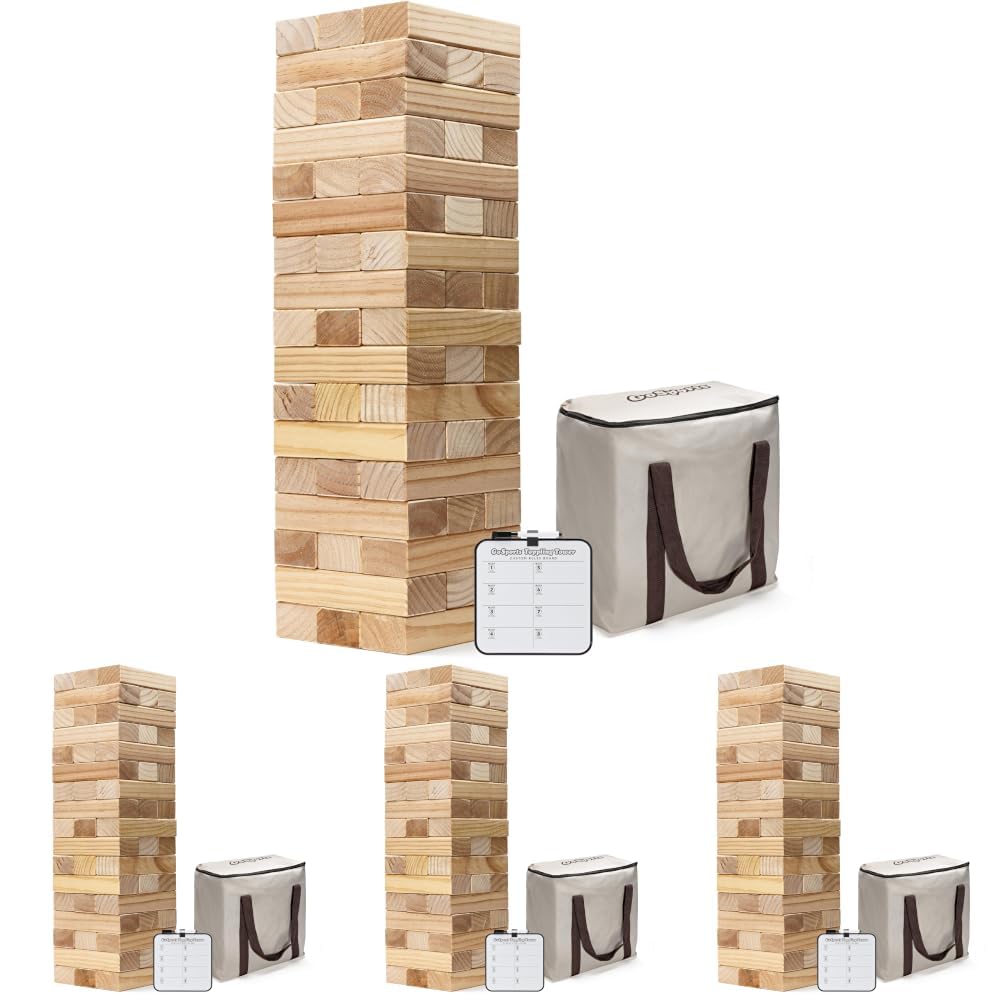 GoSports 3 Ft Large Wooden Toppling Tower - Includes Bonus Rules with Gameboard - Choose Your Style (Pack of 4)