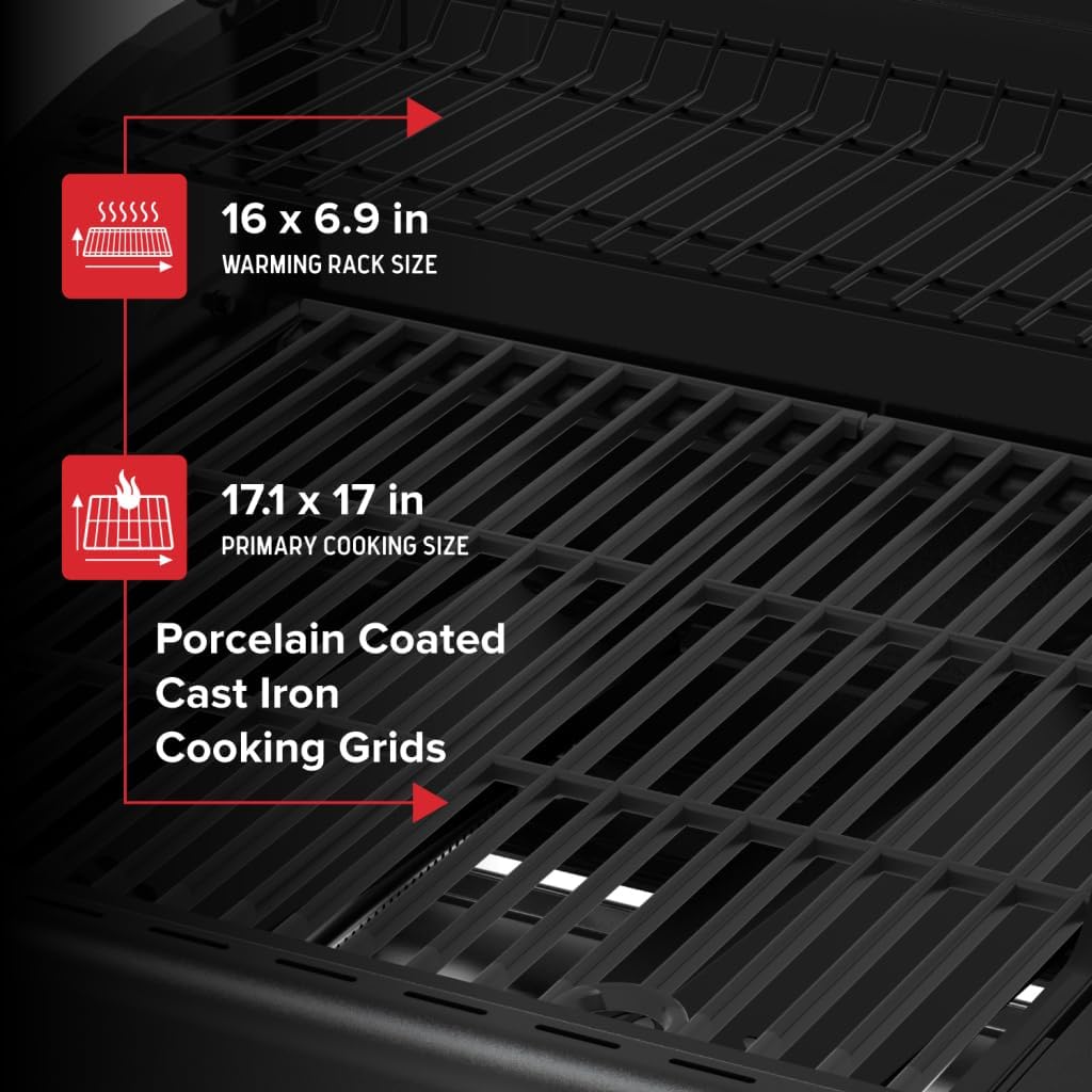 Close-up of porcelain-coated cast iron cooking grids and warming rack