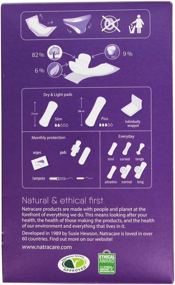 Natracare Dry & Light, Slim, Natural and Absorbent Pads with Organic Cotton Cover for Light Urinary Incontinence (6 Pack, 120 Pads Total)