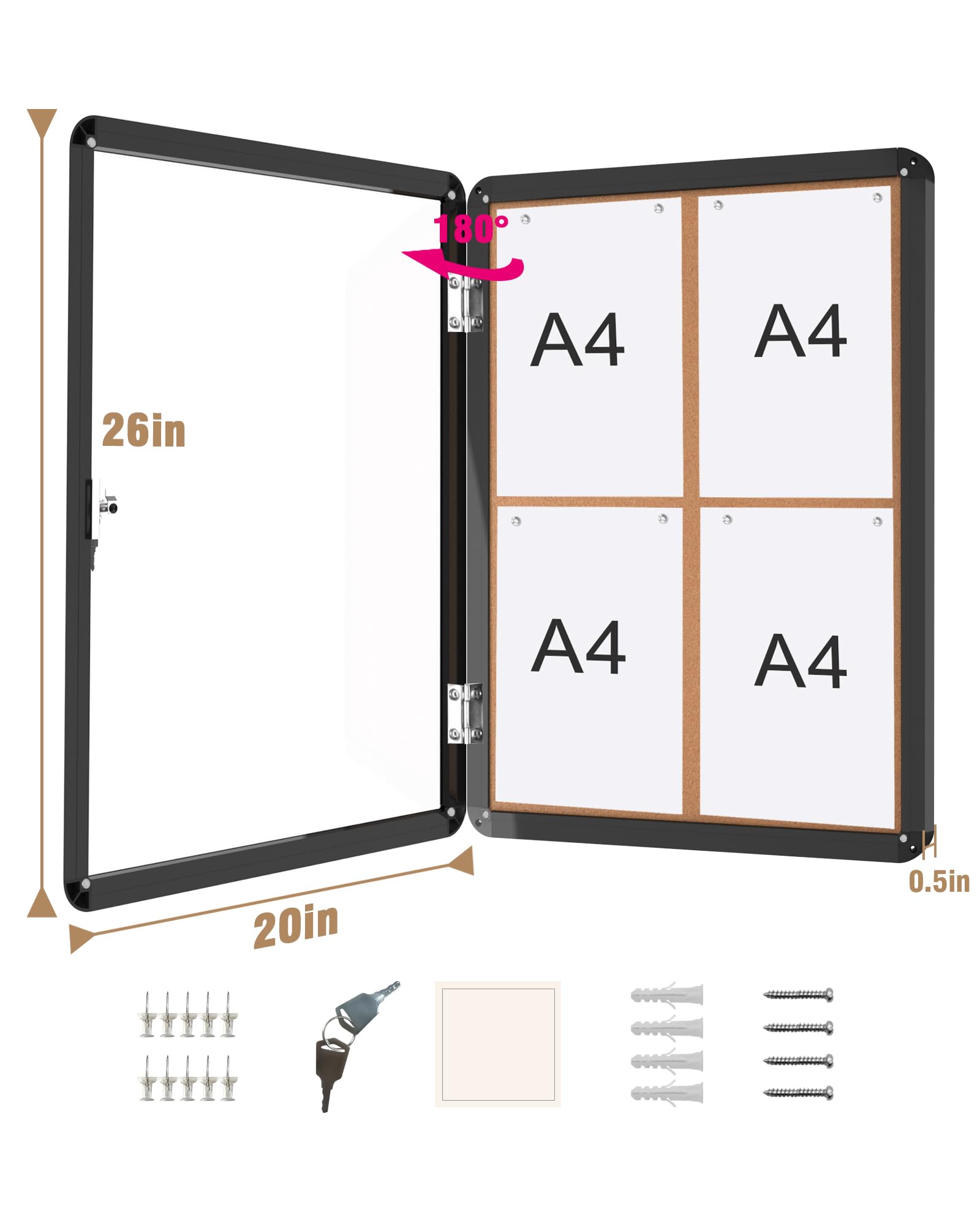 Tablón de anuncios de corcho cerrado de 26 x 20 pulgadas, tablero de anuncios seguro montado en la pared con cerradura, marco de aluminio negro, puertas batientes de acrílico transparente, solución de