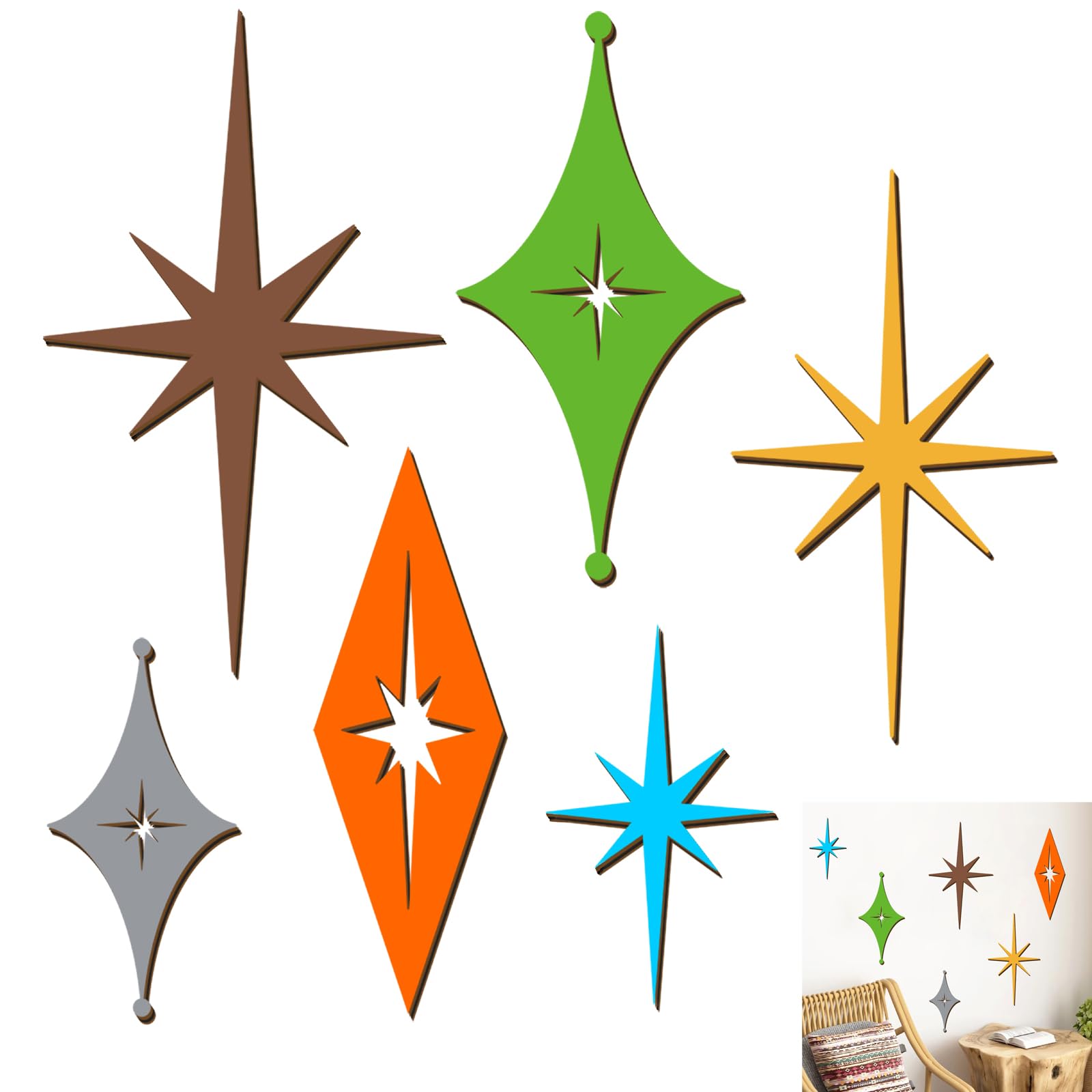 6 Pcs Wooden Star Wall Art Sign Colorful Starburst Mid Century Modern Decor