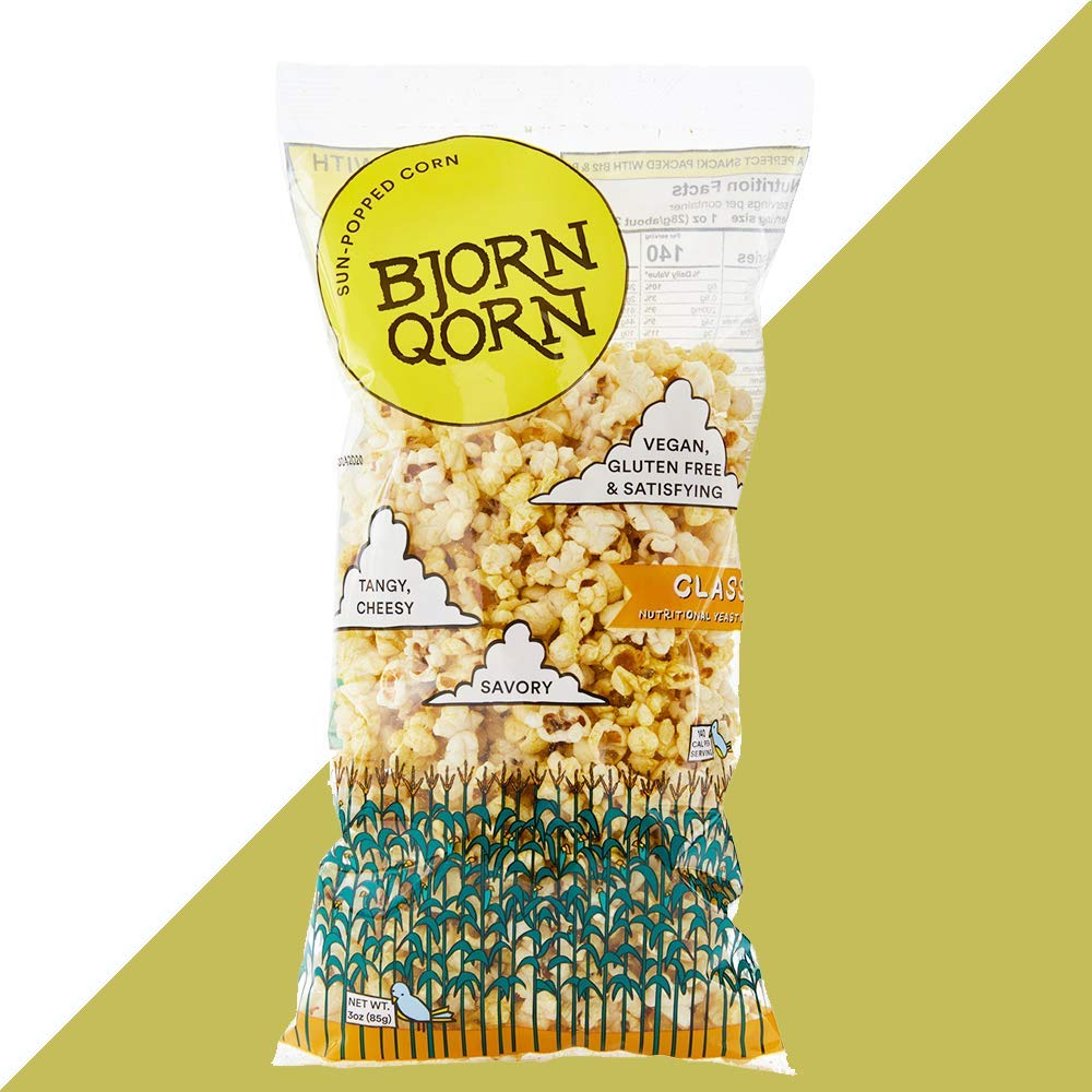 BjornQorn 12-Pack (Classic) Popcorn - Vegan & Gluten Free-Savory, Cheesy, Umami - (12 3oz bags)