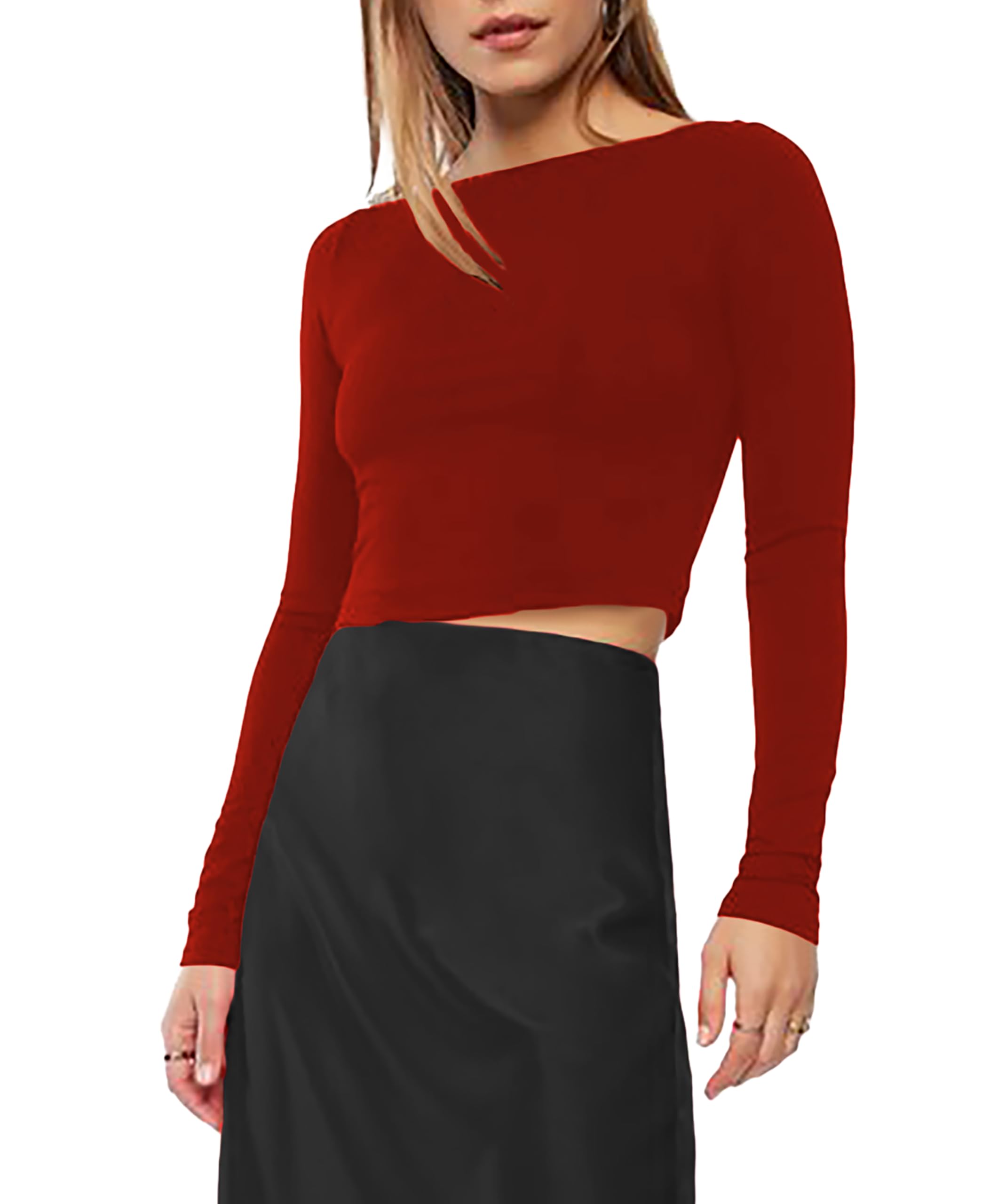 Women's Cotton Trendy Stretchable Boat Neck Regular Fit Long Sleeve Solid Black Crop Top for Women L533-image-22