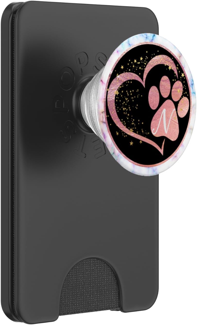White Letter N Initial Cat Dog Paw Pink Heart Monogram PopSockets PopWallet for MagSafe