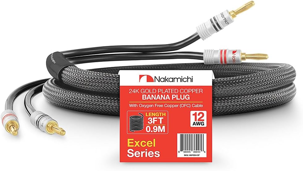 Excel Series 24k Gold Plated Banana Plugs With Speaker Cable Wire 99.9% Oxygen-Free Copper (OFC) Heavy Duty Braided for Amplifier Hi-Fi Home Theatre - Black (12 AWG / 3 feet / 0.9m)