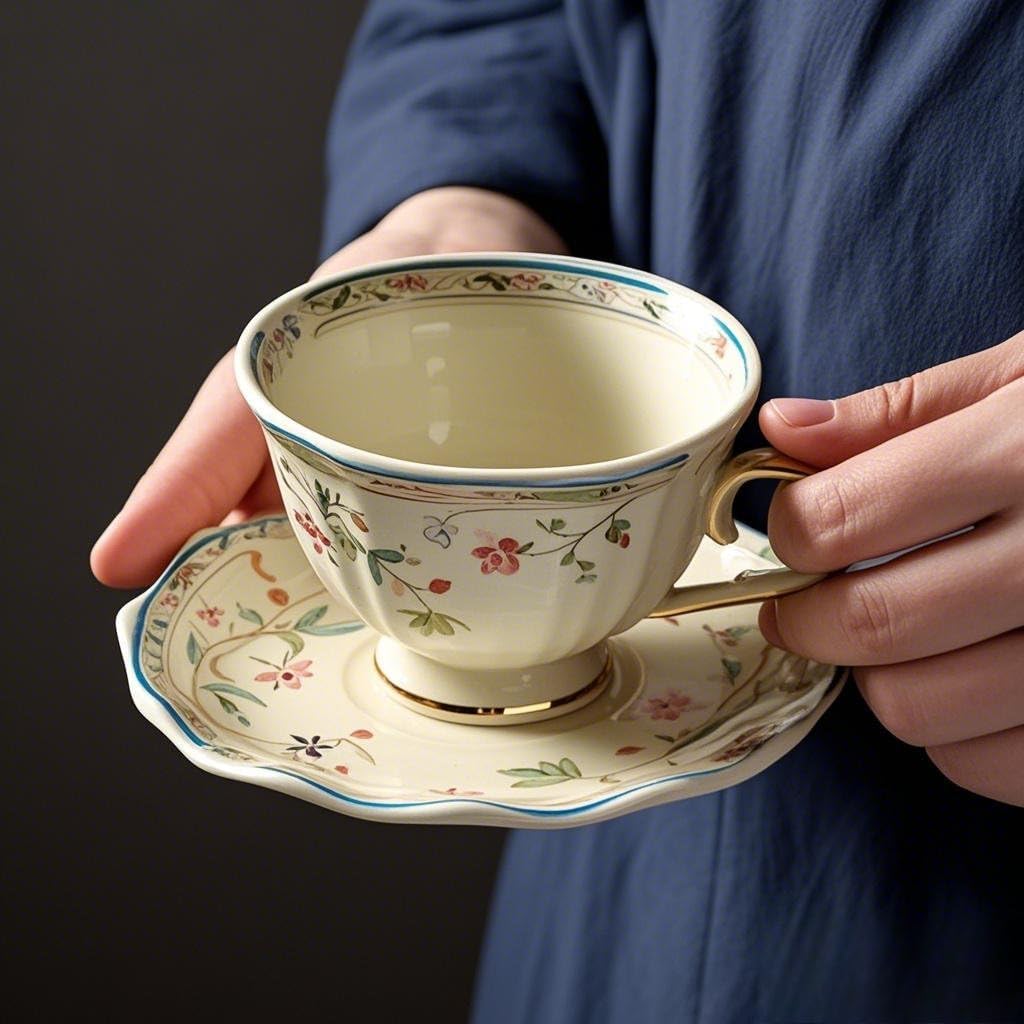 8 oz Vintage flower Ceramic cup and 6" saucer set with Brand customized stainless steel spoon Gifts for Afternoon Tea Coffee Hour (A) - Image 3