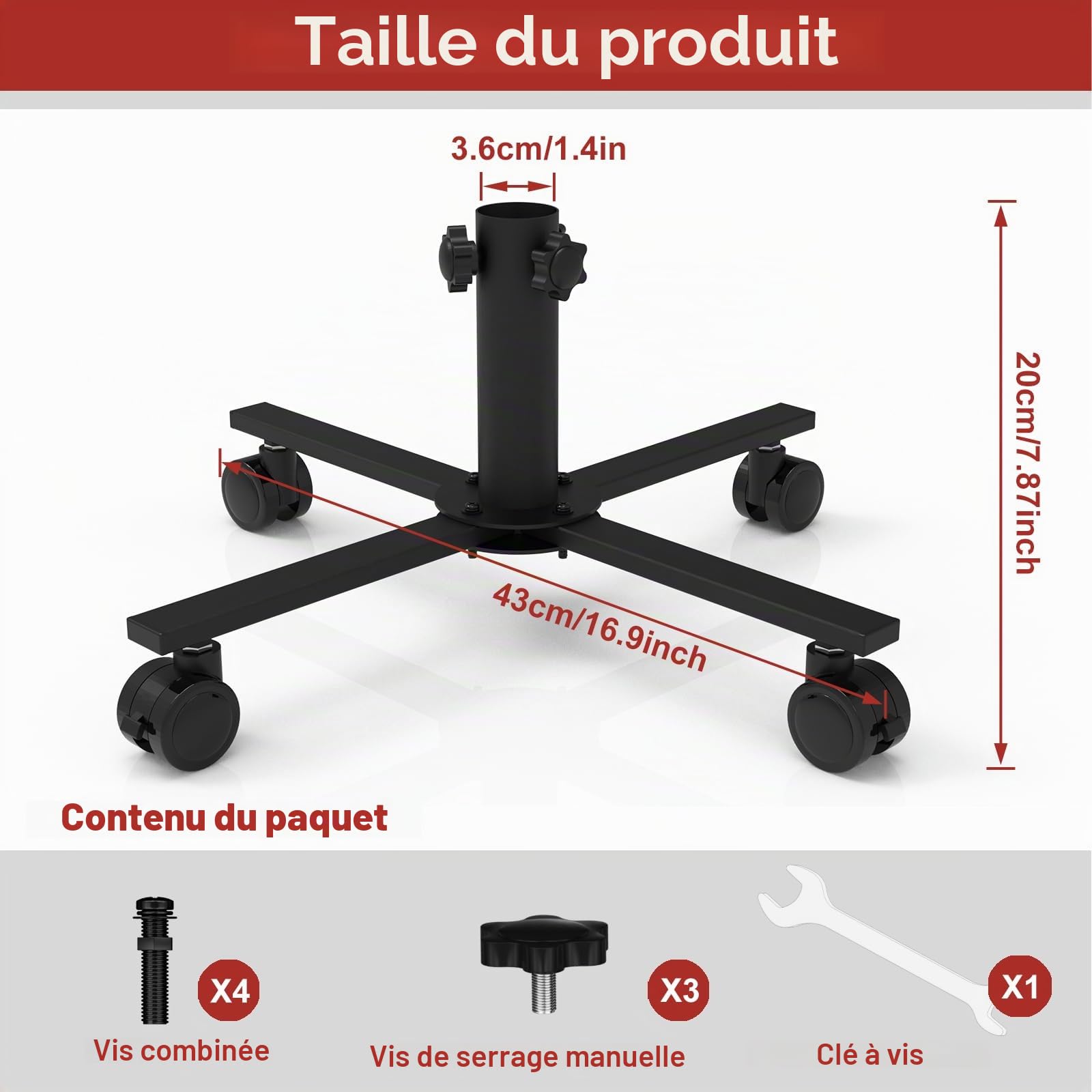 Support de Sapin de Noël avec Roulettes en Caoutchouc ,Pliable,En métal,Base amovible du sapin de Noël,Pour Sapin de Noël Artificiel (40 cm, Ø 2,4 cm)