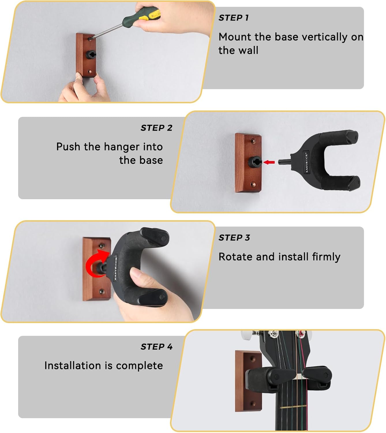 EASTROCK Guitar Wall Mount 2 Pack Locking, Hardwood Guitar Hanger Wall Mount Auto Lock, Adjustable Rotatable Guitar Holder Stand for Acoustic Electric Guitar Bass Mandolin Banjo, Black