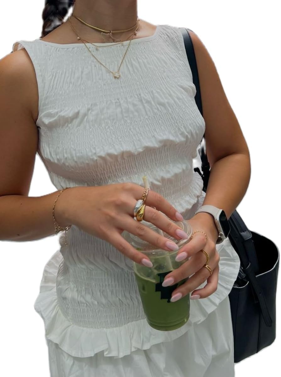 Women Y2K Shirred Tank Top Smocked Ruffle Sleeveless Crop Top Cute Slim Fit Top Shirt Vacation Going Out - Image 2