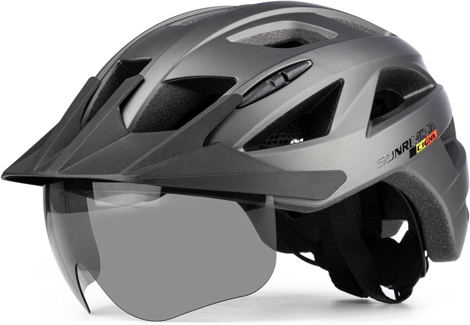 SUNRIMOON Adult Bike Helmet Cycling Helmets Mountain & Road Bicycle Helmets with USB Rechargeable Rear Light Detachable Magnetic Goggles Removable Sun Visor for Unisex Men Women MTB Helmet