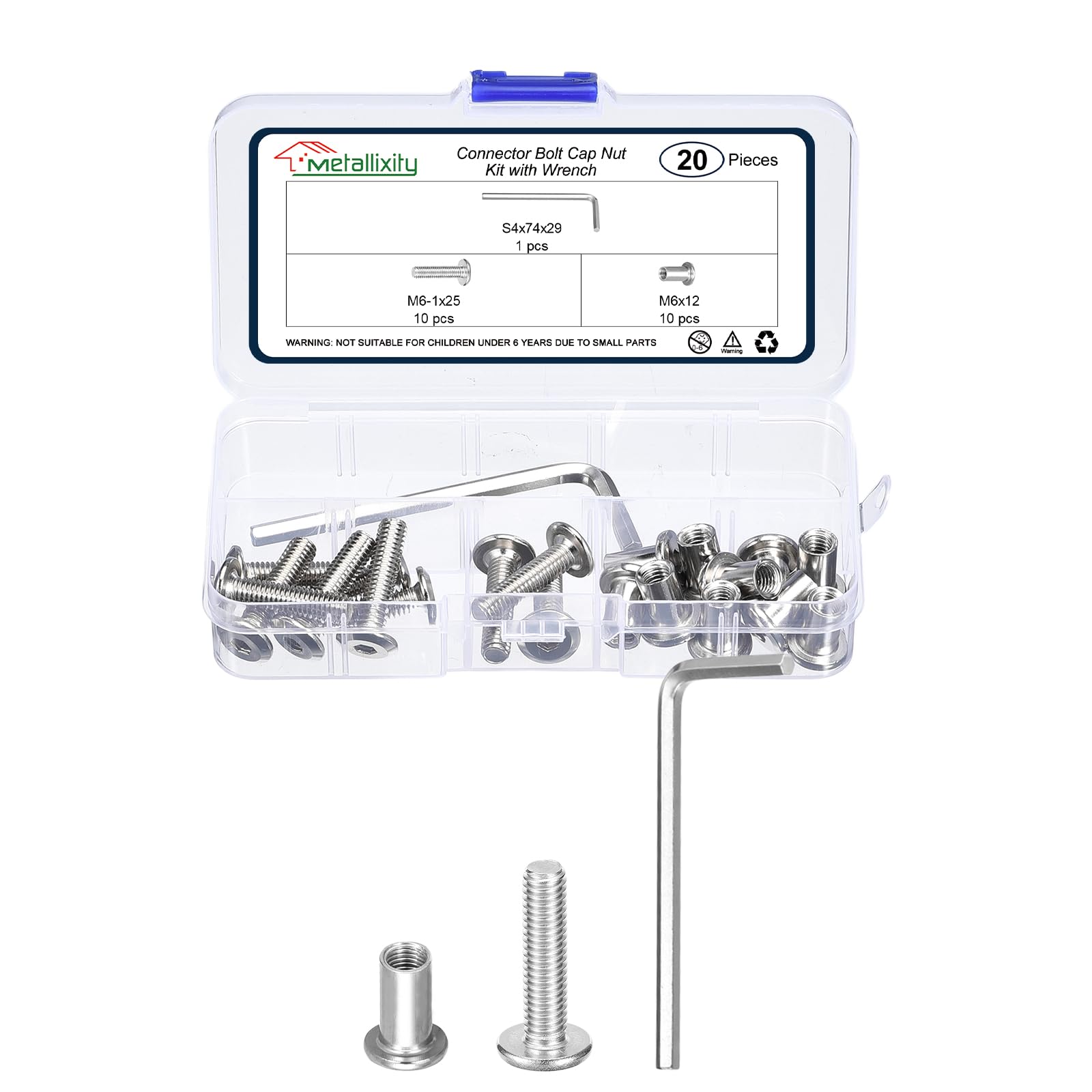 METALLIXITY Furniture Connector Bolt Cap Nut Kit with Wrench(M6-1x25mm) 20Pcs