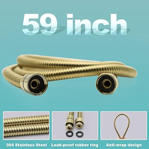 Vista 8 de ENGA Square Brushed Gold Solid Brass Hand Held Shower Head With Wall Connector and Hose Wall Mount Handheld Showerheads Set Oro cepillado